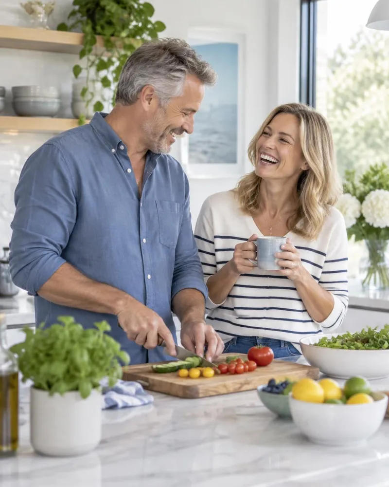 Smiling man and woman in their 50s cooking together in a bright kitchen