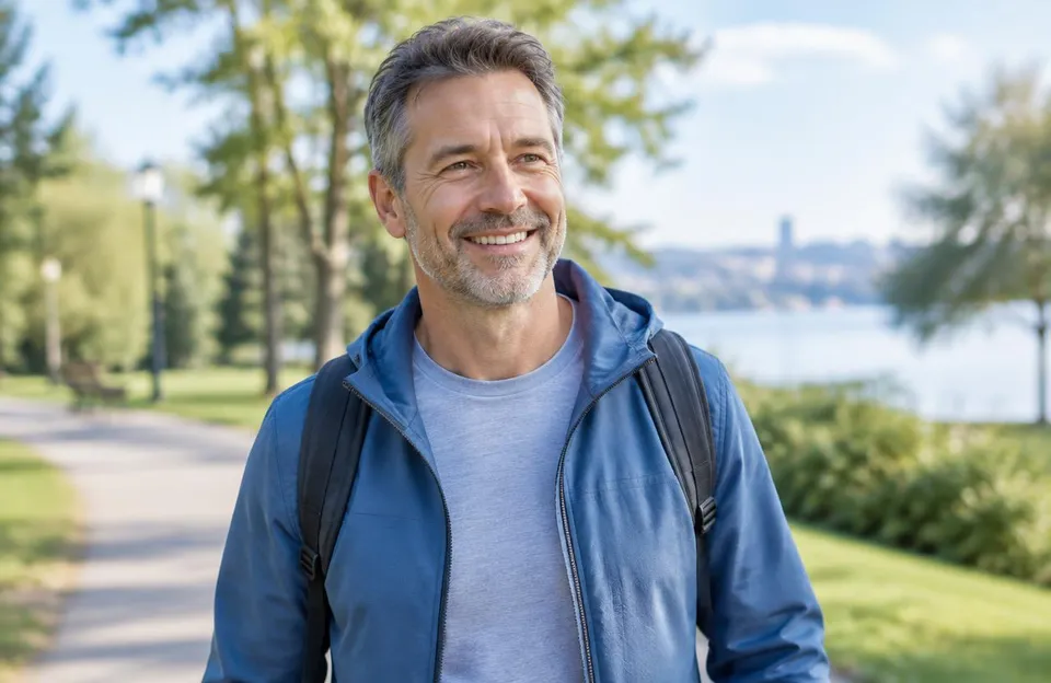 Confident man around 50 smiling on a morning walk in a park