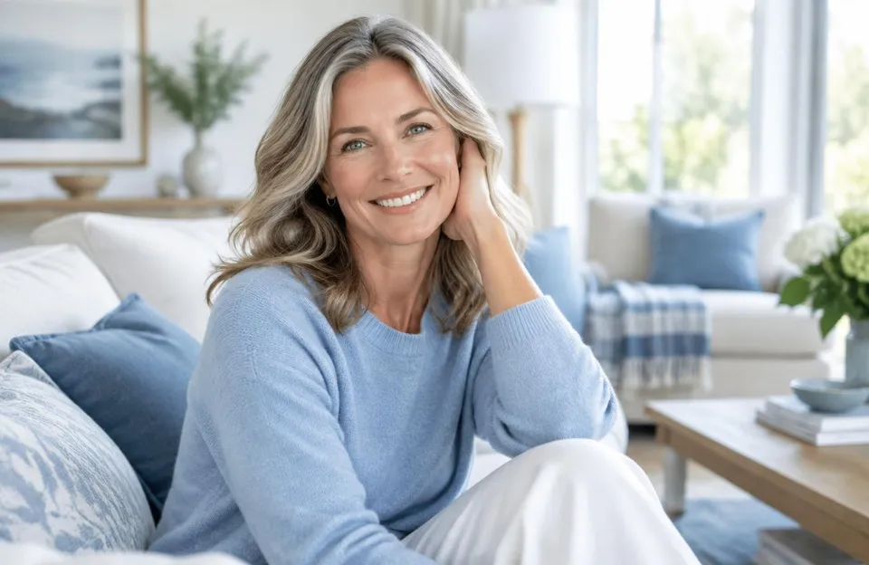 Confident woman around 50 smiling in a bright living room